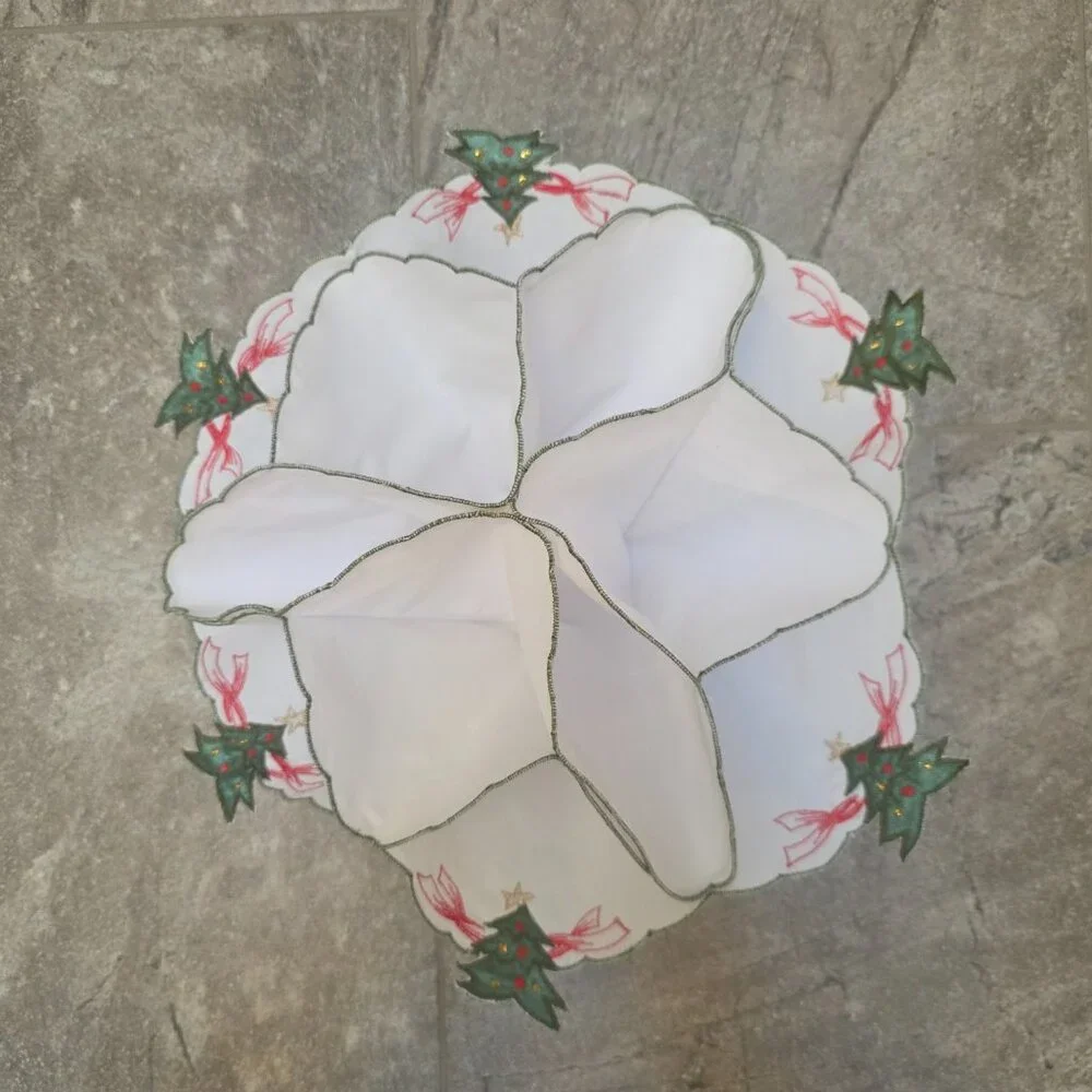 VTG Christmas Fabric Dinner Roll Cozy Holder Liner Embroidered Red Green Tree